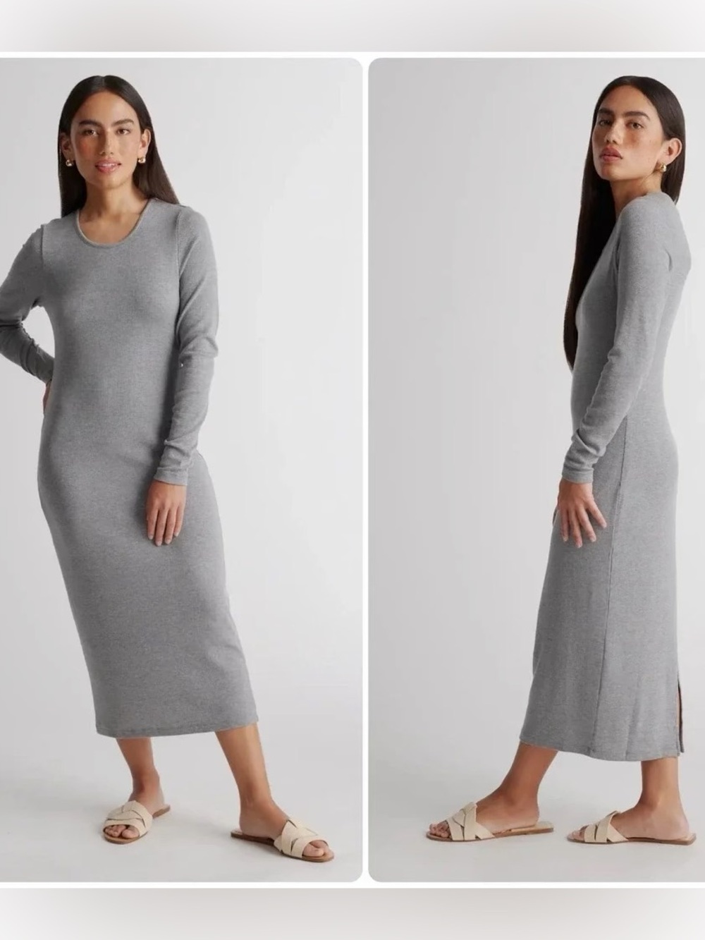 Quince Grey Long Sleeve Tencel Rib Knit Midi Dress Size Medium 90s Minimalist